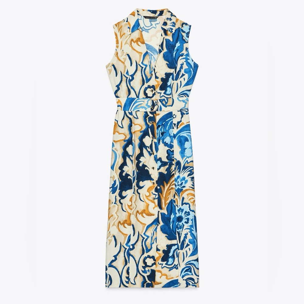 ZARA Button Front Abstract Floral Print Sleeveless Belted Dress | NWT
